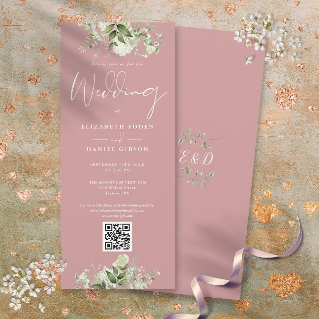 Greenery Blommigt Dusty Ro QR-koden Bröllop Inbjudningar (Greenery Floral Dusty Rose QR Code Wedding Invitation)