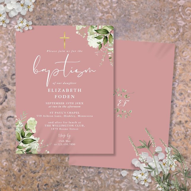 Greenery Blommigt Dusty Ro Rosa Baptism-inbjudan Vykort (Greenery Floral Dusty Rose Pink Baptism Invitation Postcard)