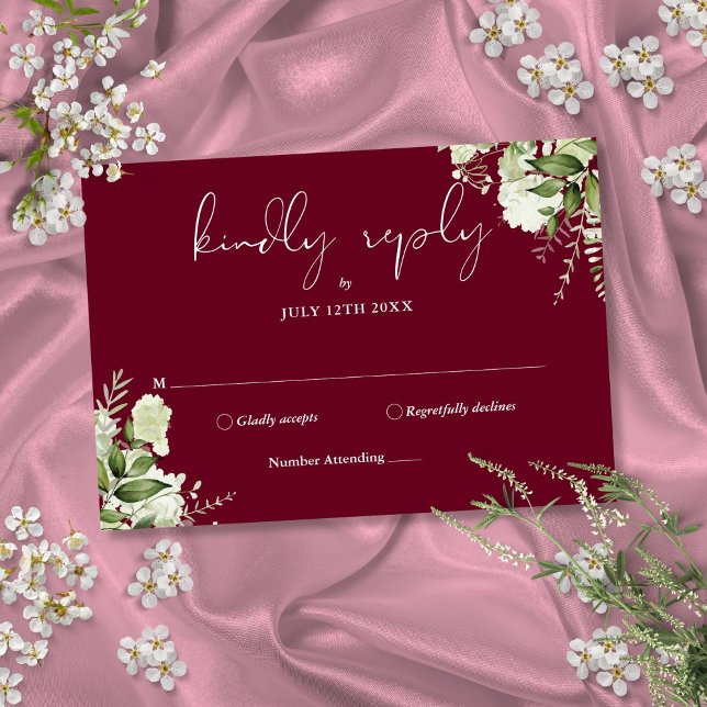 Greenery Blommigt Elegant Burgundy Bröllop OSA Kort (Greenery Floral Elegant Burgundy Wedding RSVP Card)