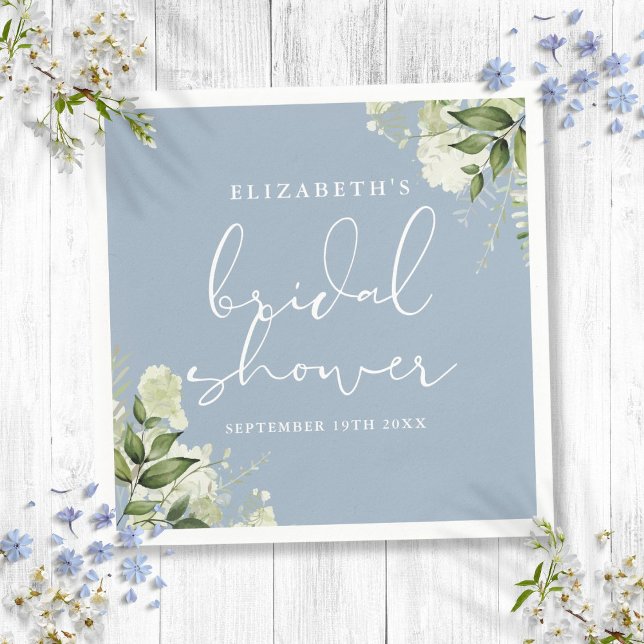 Greenery Blommigt Elegant Dusty Blue-Möhippa Pappersservett (Greenery Floral Elegant Dusty Blue Bridal Shower Napkins)