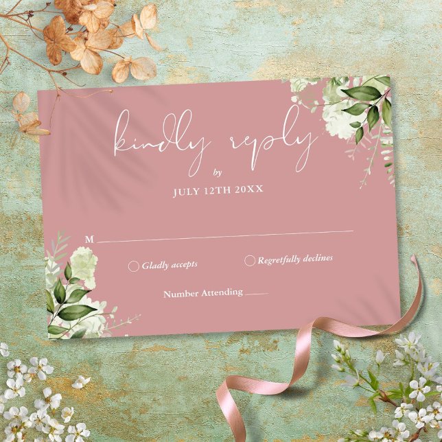 Greenery Blommigt Elegant Dusty Ro Bröllop OSA Kort (Greenery Floral Elegant Dusty Rose Wedding RSVP Card)