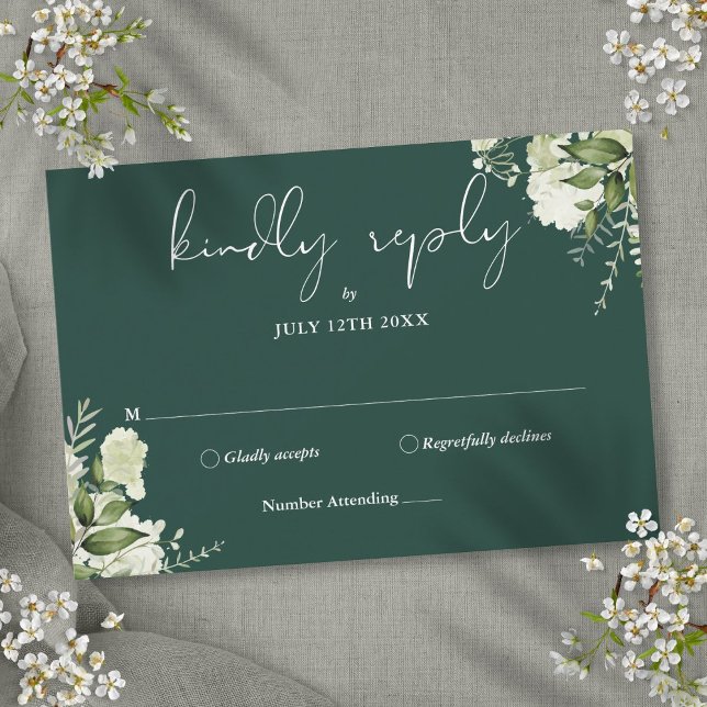 Greenery Blommigt Elegant Emerald Bröllop OSA Kort (Greenery Floral Elegant Emerald Wedding RSVP Card)