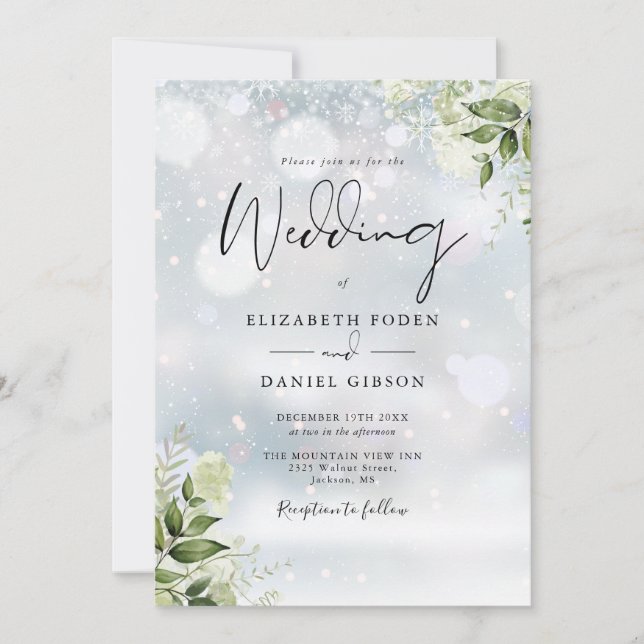 Greenery Blommigt Elegant Monogram Winter Wedding Inbjudningar (Framsida)