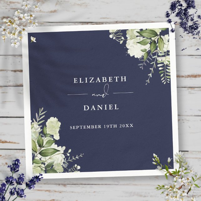 Greenery Blommigt Elegant Navy Blue Bröllop Pappersservett (Greenery Floral Elegant Navy Blue Wedding Napkins)