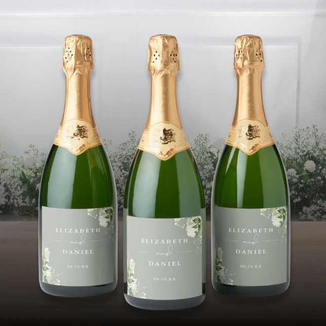 Greenery Blommigt Elegant Sage Grönt Bröllop (Greenery Floral Elegant Sage Green Wedding Sparkling Wine Label)