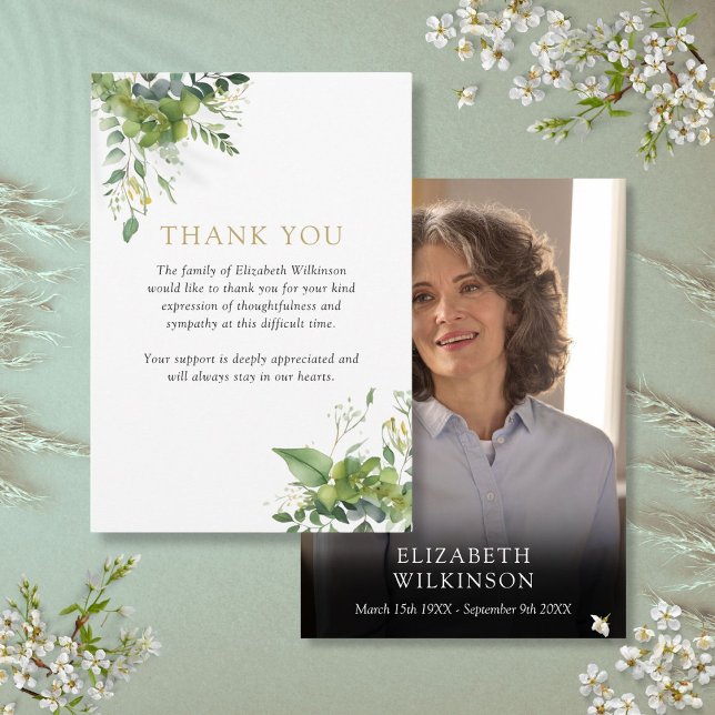 Greenery Blommigt Firande of Life Funeral Photo Tack Kort (Greenery Floral Celebration Of Life Funeral Photo Thank You Card)