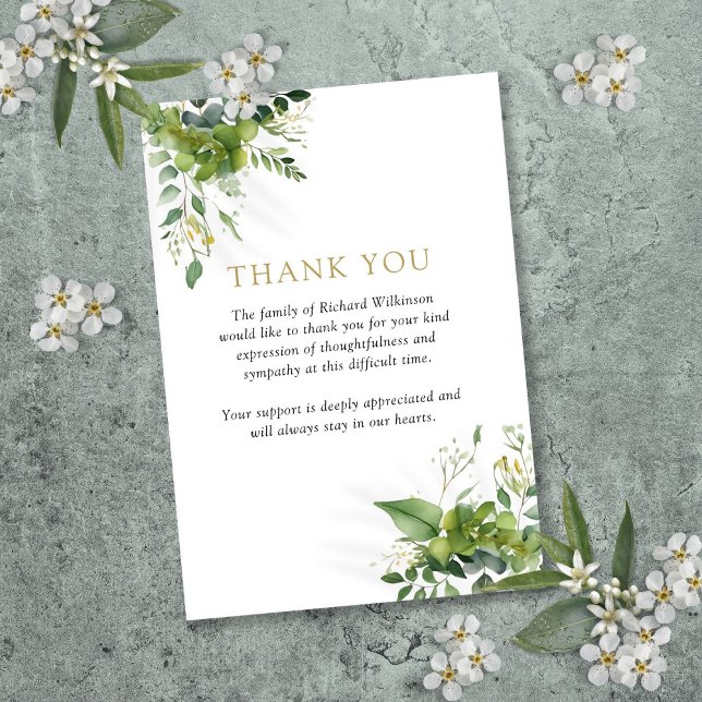 Greenery Blommigt Firande of Life Funeral Tack Kort (Greenery Floral Celebration Of Life Funeral Thank You Card)