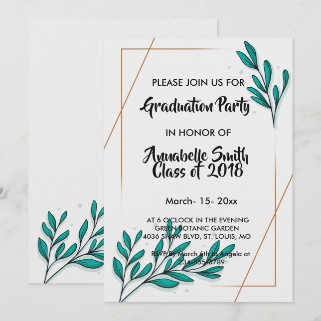 Greenery Blommigt Gold Foil Löv Studenten Inbjudningar (Fram/baksida)