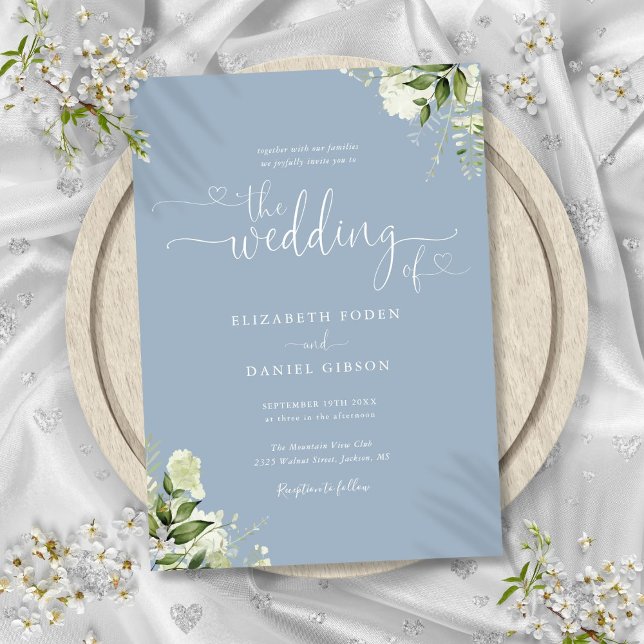 Greenery Blommigt Hearts Script Dusty Blue Bröllop Inbjudningar (Greenery Floral Hearts Script Dusty Blue Wedding Invitation)