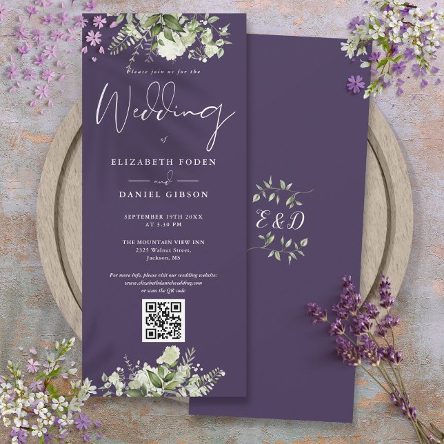 Greenery Blommigt Lila QR Code Bröllop Inbjudningar (Greenery Floral Purple QR Code Wedding Invitation)