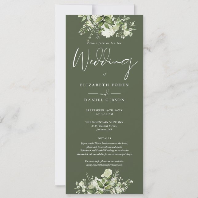 Greenery Blommigt Monogram Details Olive Bröllop Inbjudningar (Framsida)