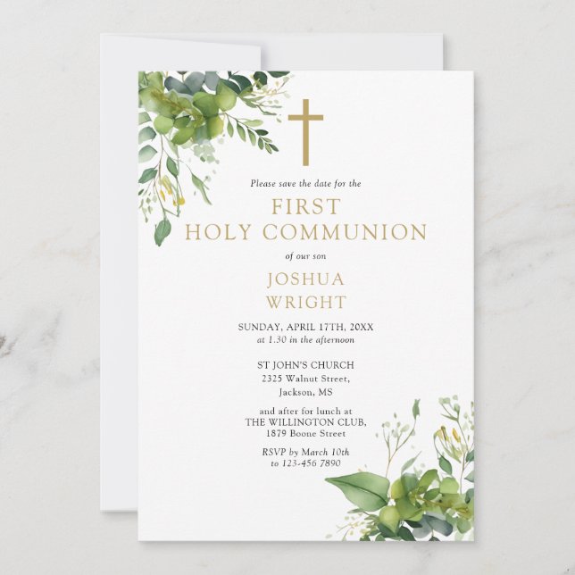 Greenery Blommigt Monogram First Heliga Communion Spara Datumet (Framsida)