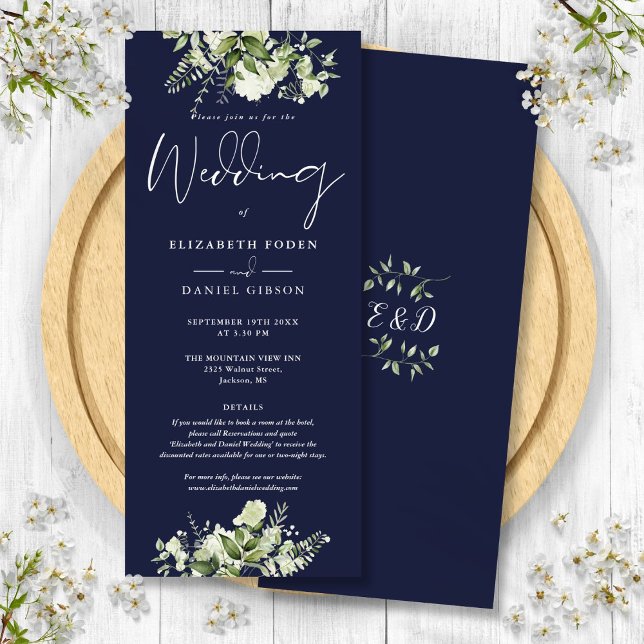 Greenery Blommigt Monogram Information om marinblå Inbjudningar (Greenery Floral Monogram Details Navy Blue Wedding Invitation)