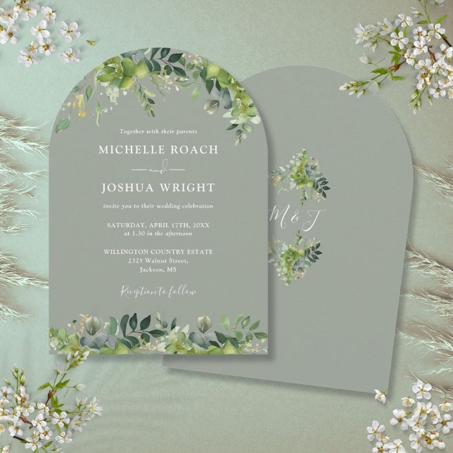 Greenery Blommigt Monogram Sage Grönt Bröllop Inbjudningar (Greenery Floral Monogram Sage Green Wedding Invitation)