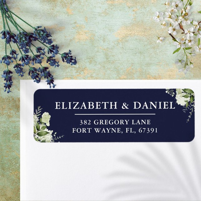 Greenery Blommigt Navy Blue Bröllop Returadress Etikett (Greenery Floral Navy Blue Wedding Return Address Label)