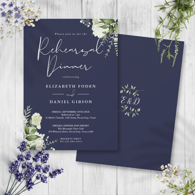Greenery Blommigt Navy Blue Rehearsal Dinner Inbjudningar (Greenery Floral Navy Blue Rehearsal Dinner Invitation)