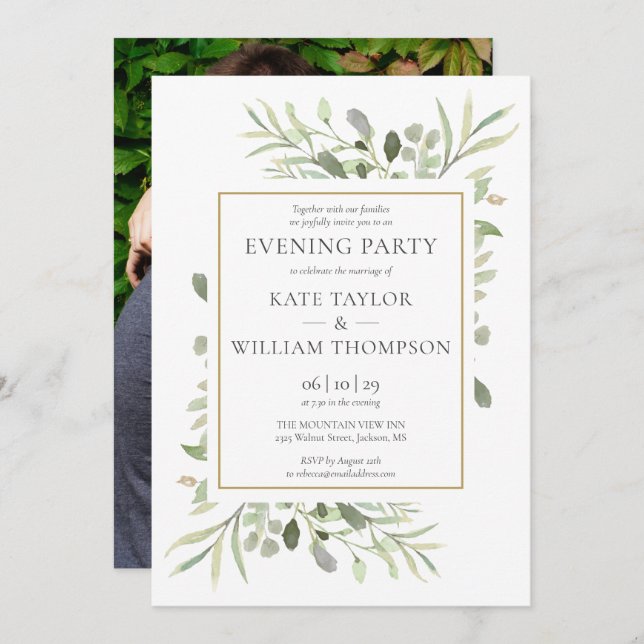 Greenery Blommigt Photo Bröllop Evening Party Inbjudningar (Fram/baksida)