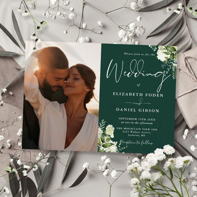 Greenery Blommigt Photo Emerald Grönt Bröllop Inbjudningar (Greenery Floral Photo Emerald Green Wedding Invitation)