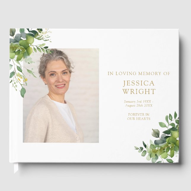 Greenery Blommigt Photo Funeral Memorial Gästböcker (Framsida)