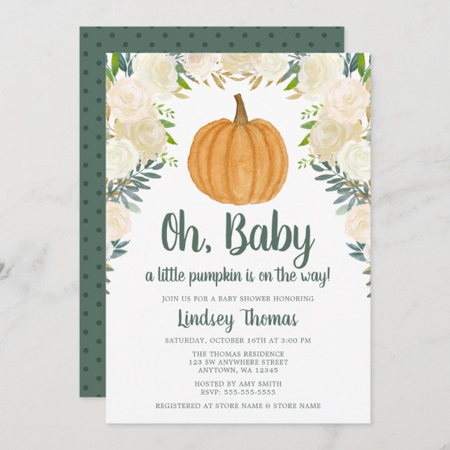 Greenery Blommigt Pumpkin Fall Baby Shower Inbjudningar (Fram/baksida)