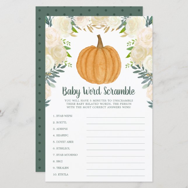 Greenery Blommigt Pumpkin Fall Ord Scramble Game (Fram/baksida)