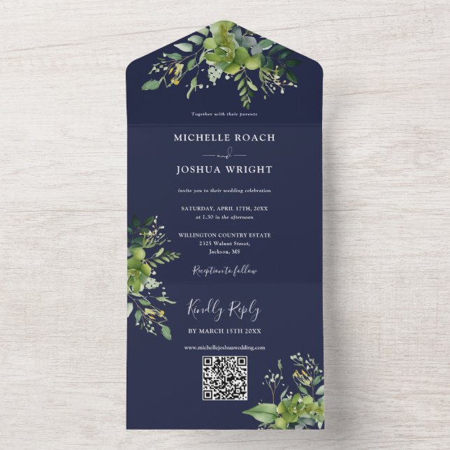 Greenery Blommigt QR Code Modern Navy Blue Bröllop (Insida)