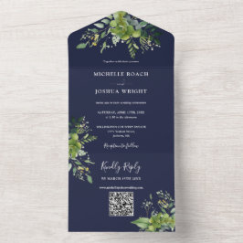 Greenery Blommigt QR Code Modern Navy Blue Bröllop