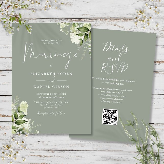 Greenery Blommigt QR Code Sage Grönt Bröllop Inbjudningar (Greenery Floral QR Code Sage Green Wedding Invitation)