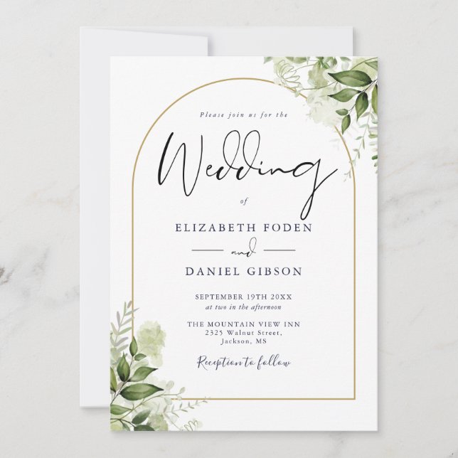 Greenery Blommigt QR-koden Guld Arch Bröllop Inbjudningar (Framsida)