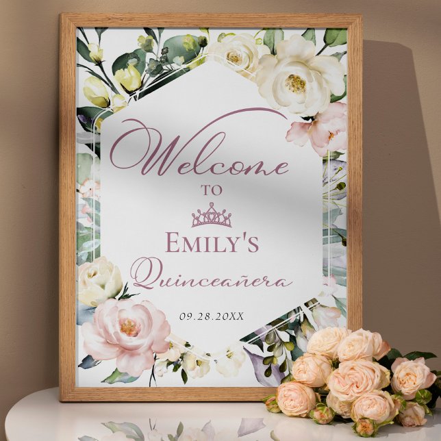 Greenery Blommigt Ram Quinceañera Välkomstskylt Poster (Skapare uppladdad)