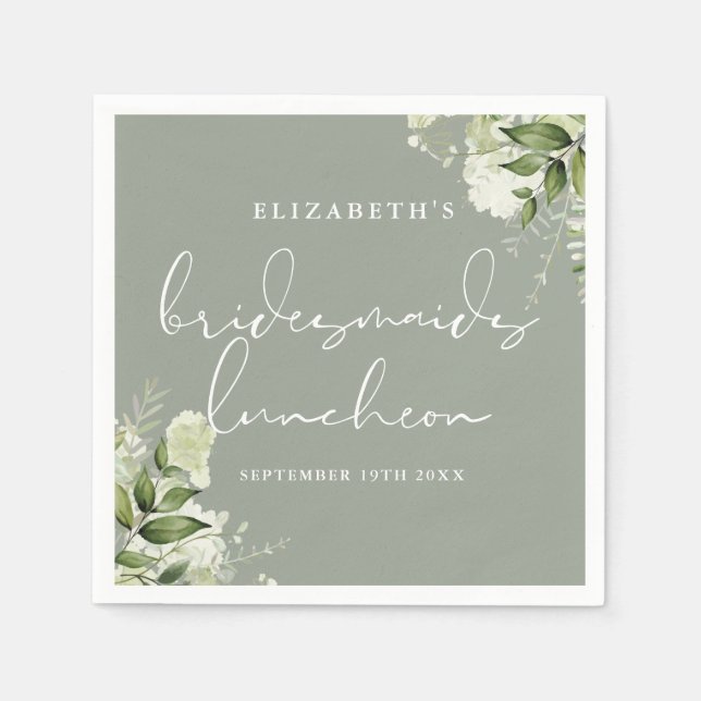 Greenery Blommigt Sage Grönt Bridesmaids Luncheon Pappersservett (Framsidan)