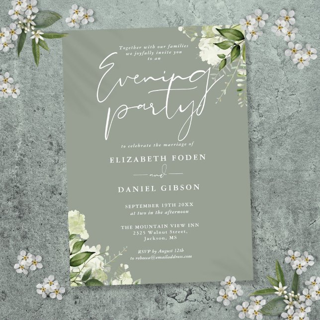 Greenery Blommigt Sage Grönt Bröllop Evening Party Inbjudningar (Greenery Floral Sage Green Wedding Evening Party Invitation)