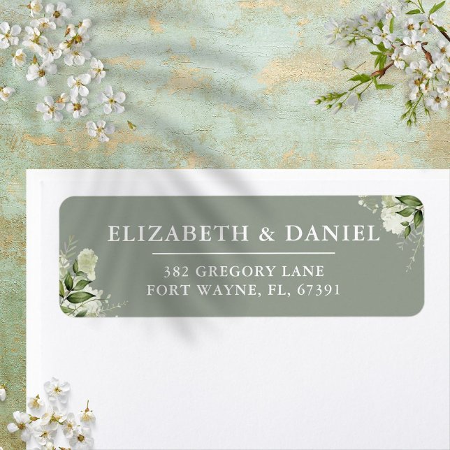 Greenery Blommigt Sage Grönt Bröllop Returadress Etikett (Greenery Floral Sage Green Wedding Return Address Label)