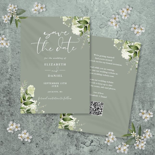 Greenery Blommigt Sage Grönt QR Code Bröllop Spara Datumet (Greenery Floral Sage Green QR Code Wedding Save The Date)