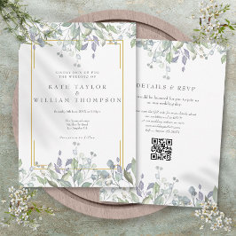 Greenery Blommigt Sage Lilac QR Code Bröllop Inbjudningar