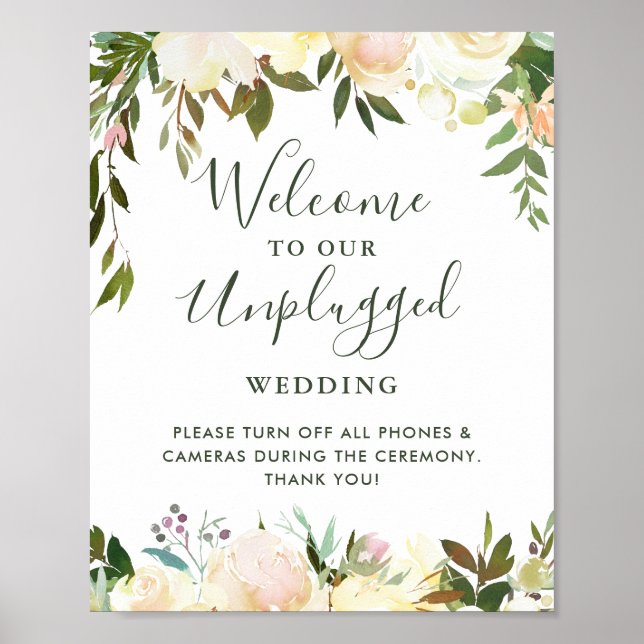 Greenery Blommigt Unplugged Bröllop Ceremony Sign Poster (Framsidan)