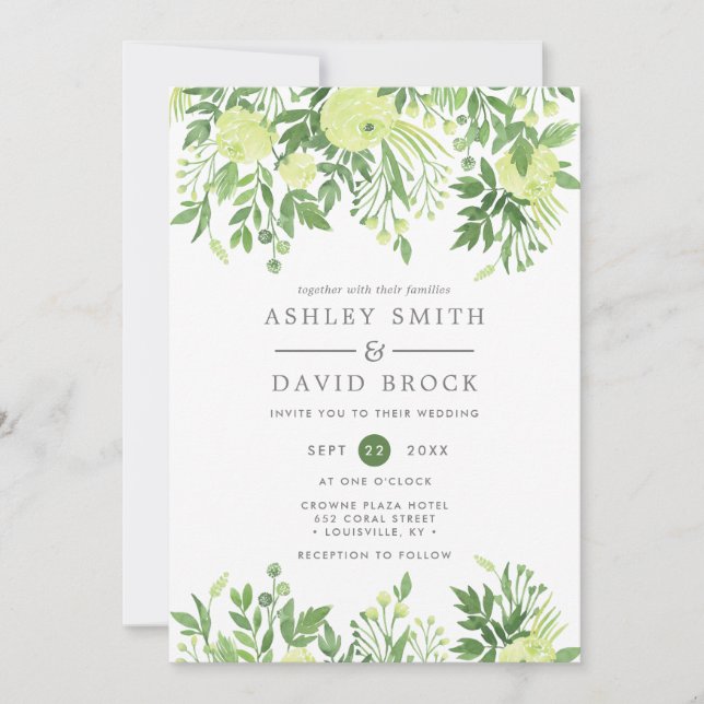 Greenery Blommigt Watercolor Garden Wedding Inbjudningar (Framsida)