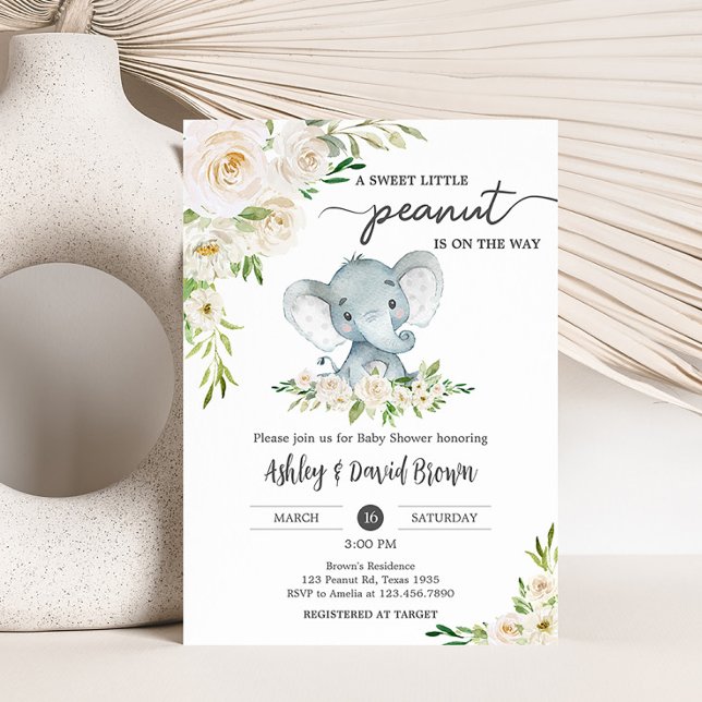 Greenery Blommigt White Elephant Baby Shower Inbjudningar (A Little Peanut is on the Way Baby Shower Invitation)