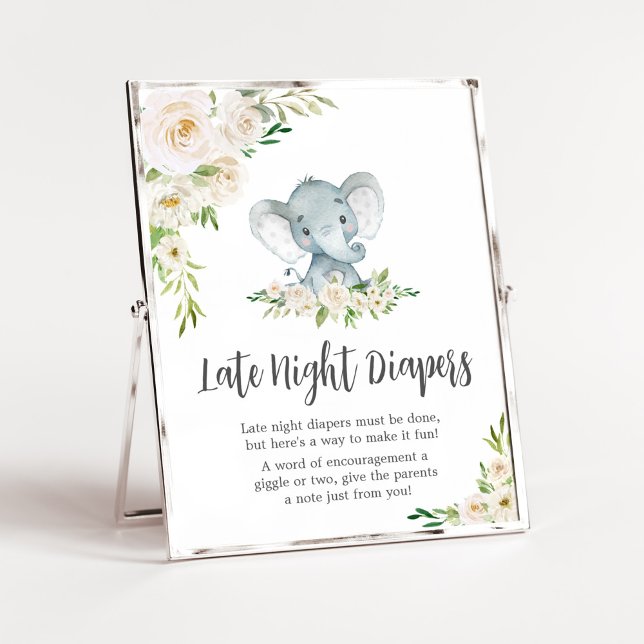 Greenery Blommigt White Elephant Late Night Diable Poster (A Little Peanut is on the Way Baby Shower Late Night Diapers Sign)