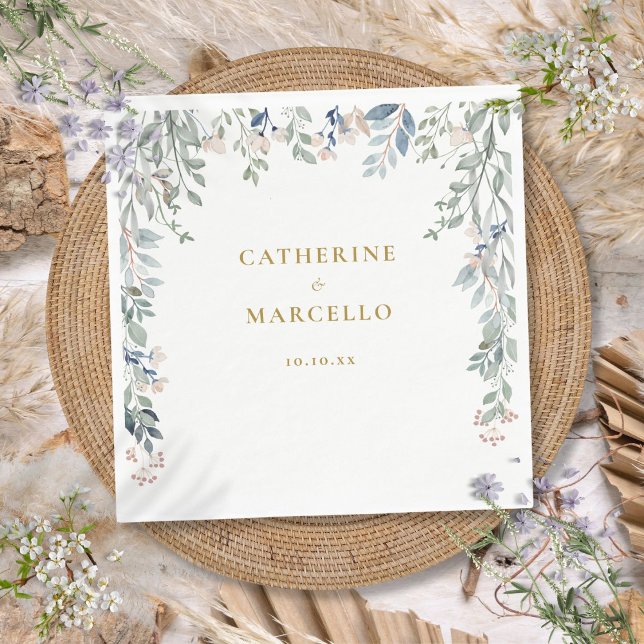 Greenery Blommigt Wildblommor Guld Bröllop Pappersservett (Greenery Floral Wildflowers Gold Wedding Napkins)