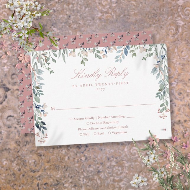 Greenery Blommigt Wildblommy Dusty Ro Bröllop OSA Kort (Greenery Floral Wildflowers Dusty Rose Wedding RSVP Card)