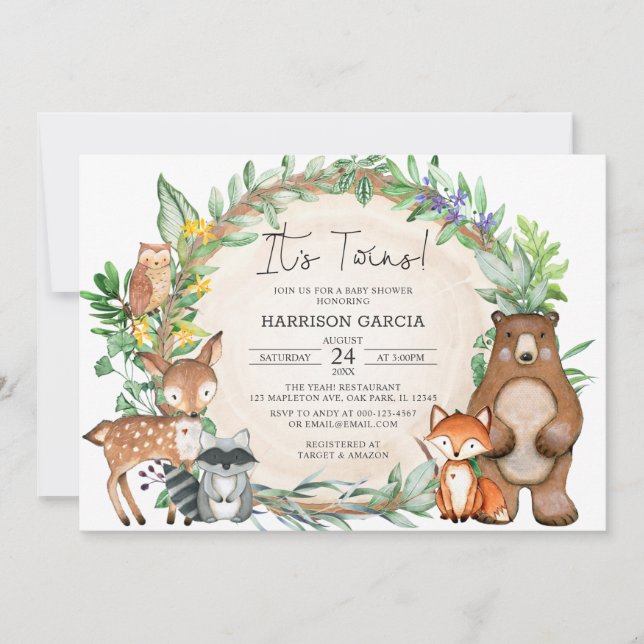 Greenery Blommigt Woodland Animals Twillingar Baby Inbjudningar (Framsida)