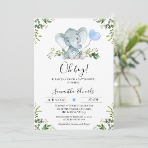 Greenery Blue Balloon Elephant Oh Boy Shower Inbjudningar