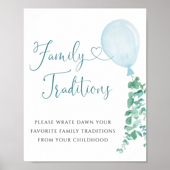 Greenery Blue Balloon Family Traditions-tecken Poster (Framsidan)