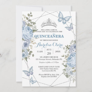 Greenery Blue Blommigt Butterflies 16th Quinceañer Inbjudningar
