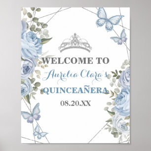 Greenery Blue Blommigt Butterflies 16th Quinceañer Poster