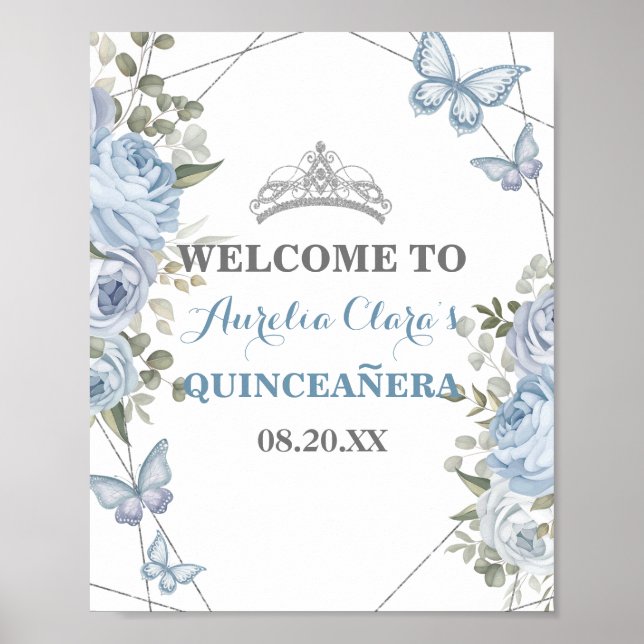 Greenery Blue Blommigt Butterflies 16th Quinceañer Poster (Framsidan)