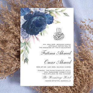 Greenery Blue Blommigt QR Kod Muslim Bröllop Inbjudningar