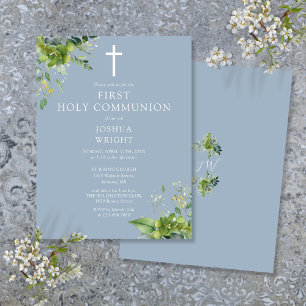Greenery Blue First Heliga Communion-inbjudan Vykort