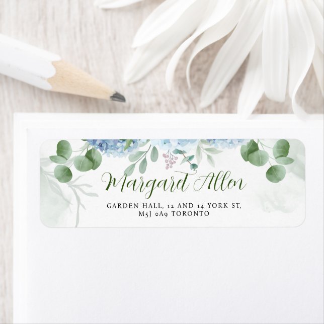 Greenery Blue hydrangea Baby Shower Adress Returadress Etikett (Insitu)